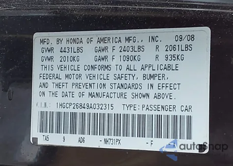 2009 Honda Accord 2.4 Ex-L z USA, uszkodzony, nr VIN 1HGCP26849A032315